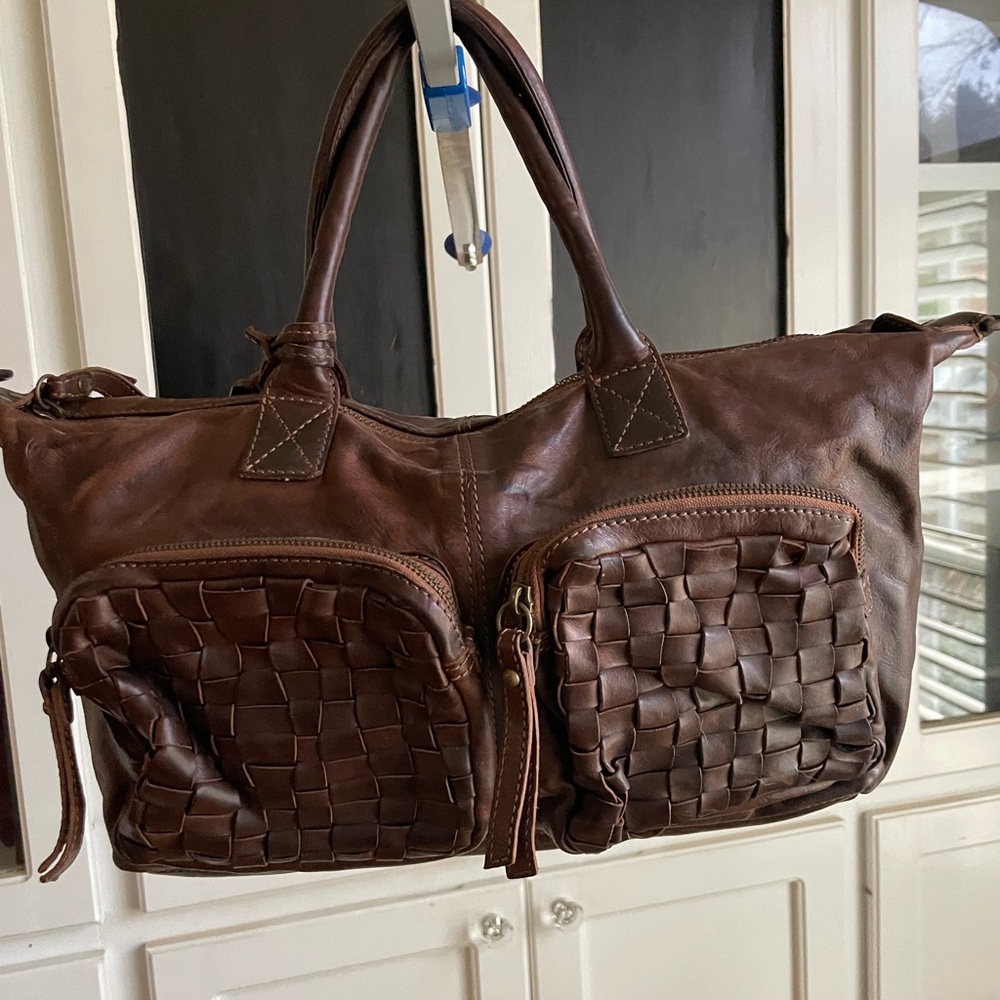 Frye Brown Smooth Leather Woven Zip Top Pocket Shoulder Satchel Work Travel Bag